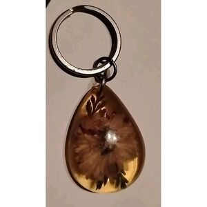 Vtg Yellow Lucite Teardrop Keychain Flower‎ inlay Acrylic Lavender purple White